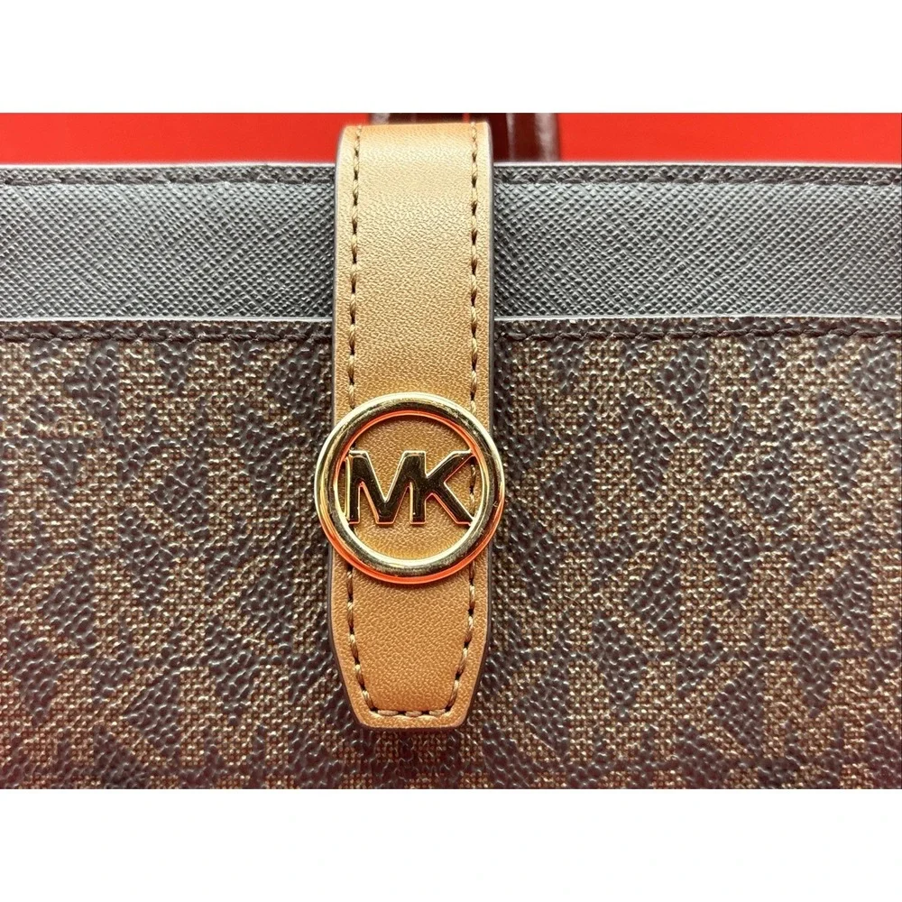 Michael Kors Greenwich Women Medium Signature MK Logo Bifold CZ Wallet Brown